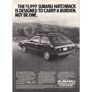 1980 Subaru FWD Hatchback Vintage Print Ad Luggage Rack Vacation 80s Wall Art